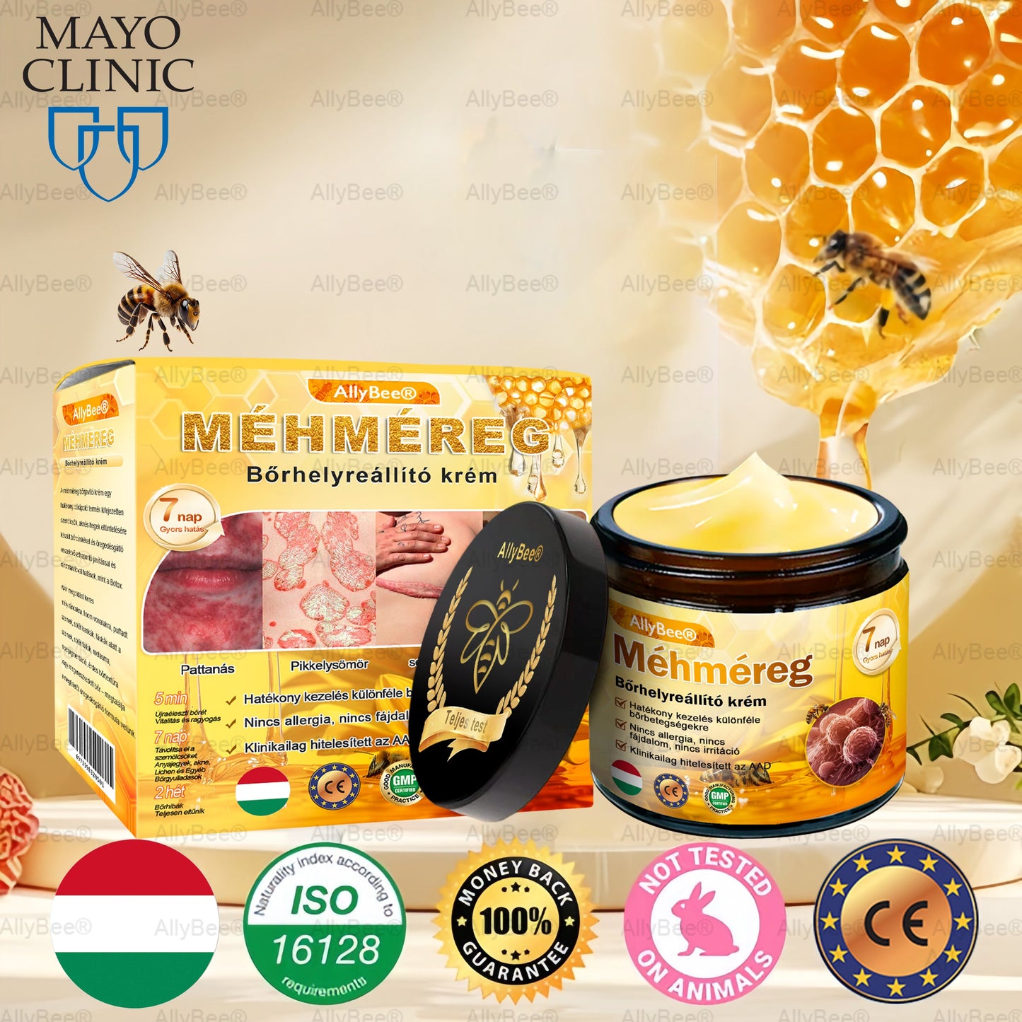 Mayo Clinic tisztviselő: AllyBee® bőrkezelő krém öregedésgátló, hidratáló, bőrjavító, egyenletes tónus, pattanások és sötét foltok kezelése, szemölcs és anyajegy eltávolítása, pikkelysömör enyhítése