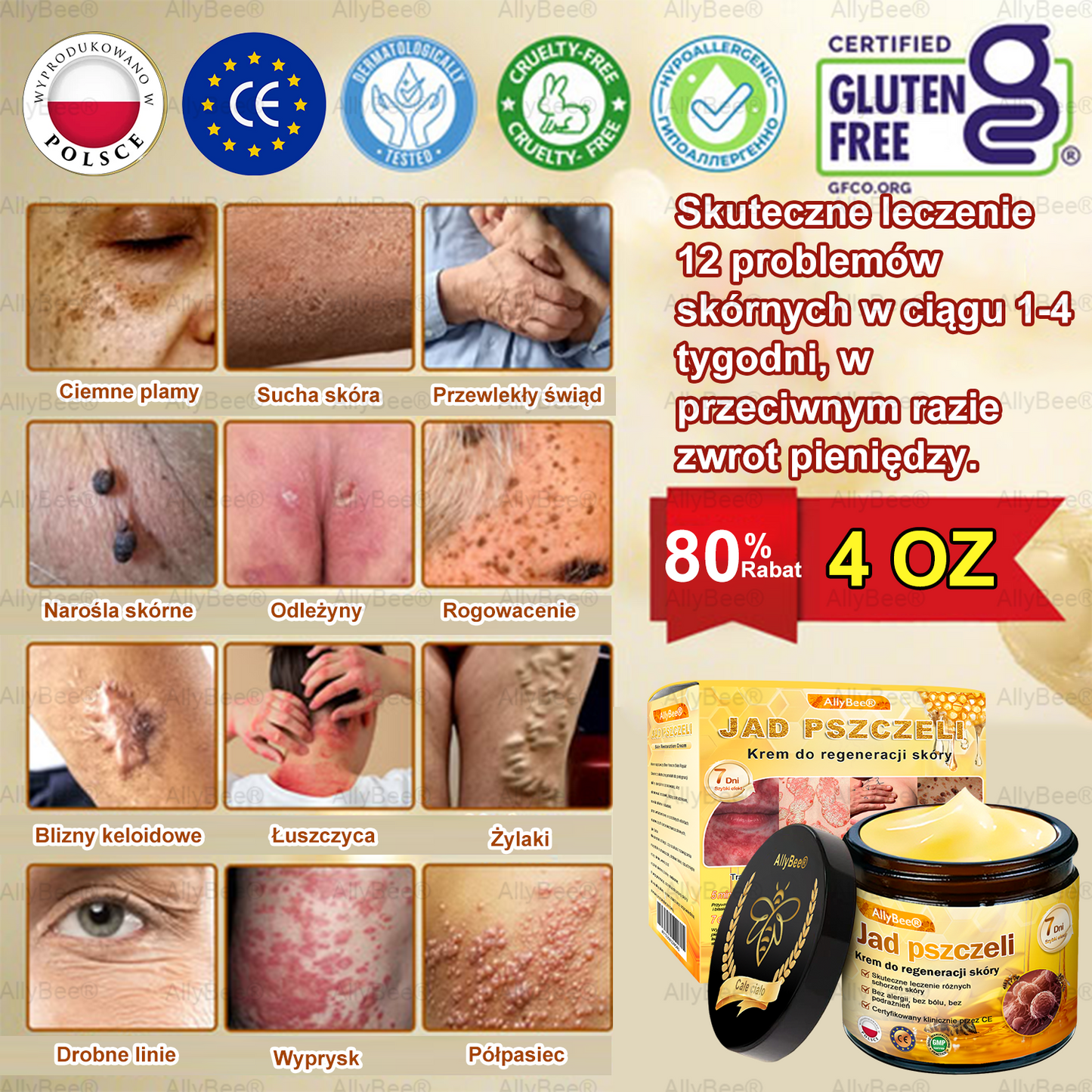AllyBee® Krem do pielęgnacji skóry – przeciwstarzeniowy, nawilżający, regenerujący skórę, wyrównujący koloryt, leczenie trądziku i ciemnych plam, usuwanie brodawek i znamion, ulga w łuszczycy.