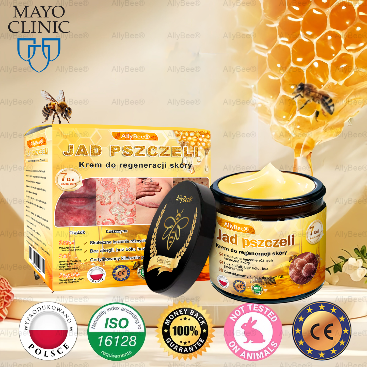 AllyBee® Krem do pielęgnacji skóry – przeciwstarzeniowy, nawilżający, regenerujący skórę, wyrównujący koloryt, leczenie trądziku i ciemnych plam, usuwanie brodawek i znamion, ulga w łuszczycy.