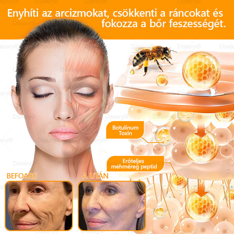 Daasry® Méhméreg Kezelő Krém, méhméreg peptidekkel, botulinum toxinnal, hialuronsavval és kollagénnel💧. Hatékonyan küzd a ráncok, finom vonalak, megereszkedés, terhességi csíkok és sötét foltok ellen — feszesítés, emelés és kiemelkedő eredmények!